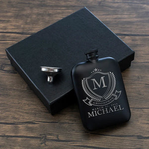 Custom Engraved Round Black Groomsman Flask - GiftShire