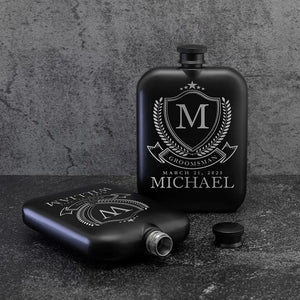 Custom Engraved Round Black Groomsman Flask - GiftShire