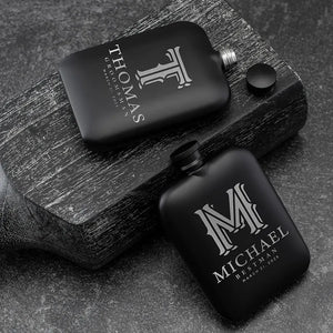 Custom Engraved Round Black Groomsman Flask - GiftShire