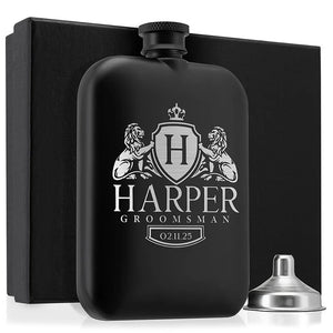 Custom Engraved Round Black Groomsman Flask - GiftShire
