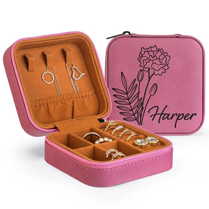 Birth Flower engraved Jewelry Travel Case with Her Name - GiftShire