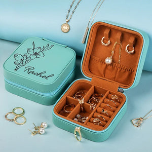 Birth Flower engraved Jewelry Travel Case with Her Name - GiftShire