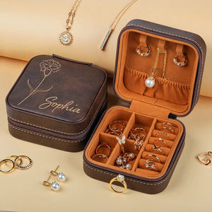 Birth Flower engraved Jewelry Travel Case with Her Name - GiftShire