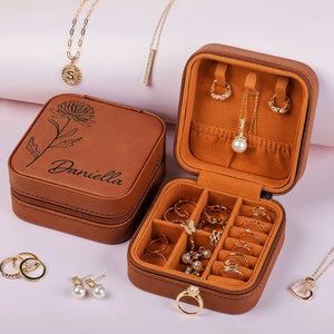 Birth Flower engraved Jewelry Travel Case with Her Name - GiftShire