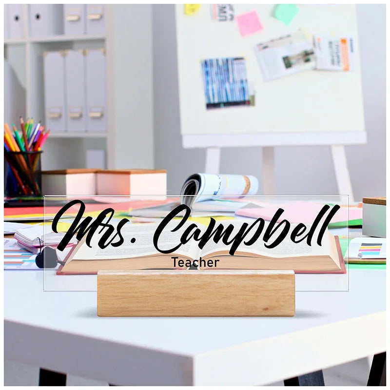 Custom Logo and Title Desk Name Plate With Wood Base - GiftShire
