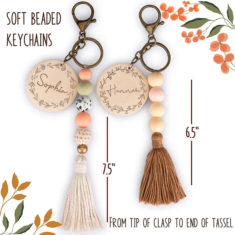 Custom Name Keyring with Floral Motifs, Beads and Tassel - GiftShire