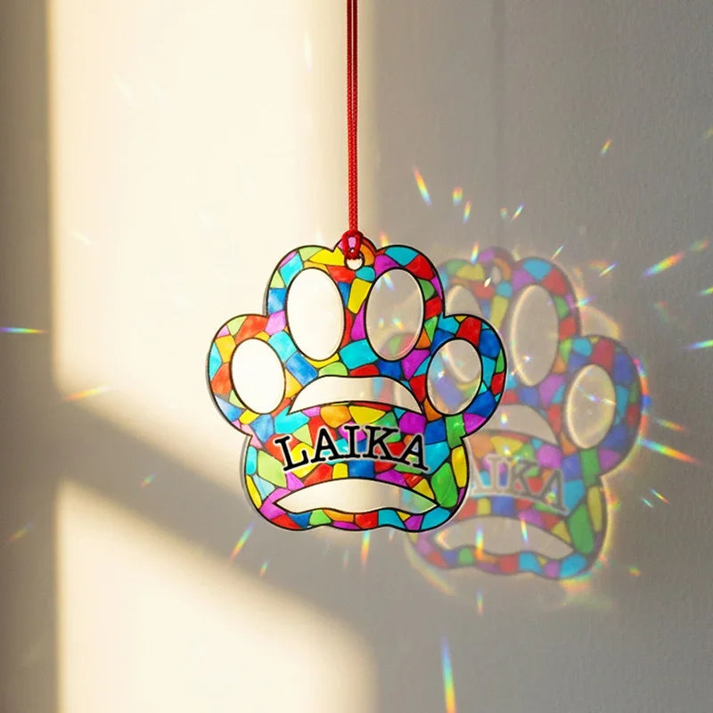 Dog Paw Ornament for Christmas – Rainbow Suncatcher with Dog Name
