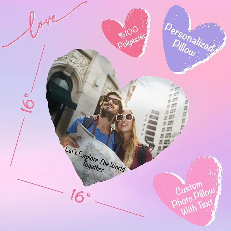 Personalize Heart Shape Photo Pillow with Text - GiftShire
