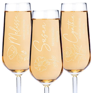 Personalized Champagne Flute with Bridesmaid's Birth Flower - GiftShire