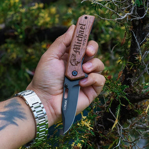 Personalized Engraved USA Flag Pocket Knife - Walnut Wood - GiftShire