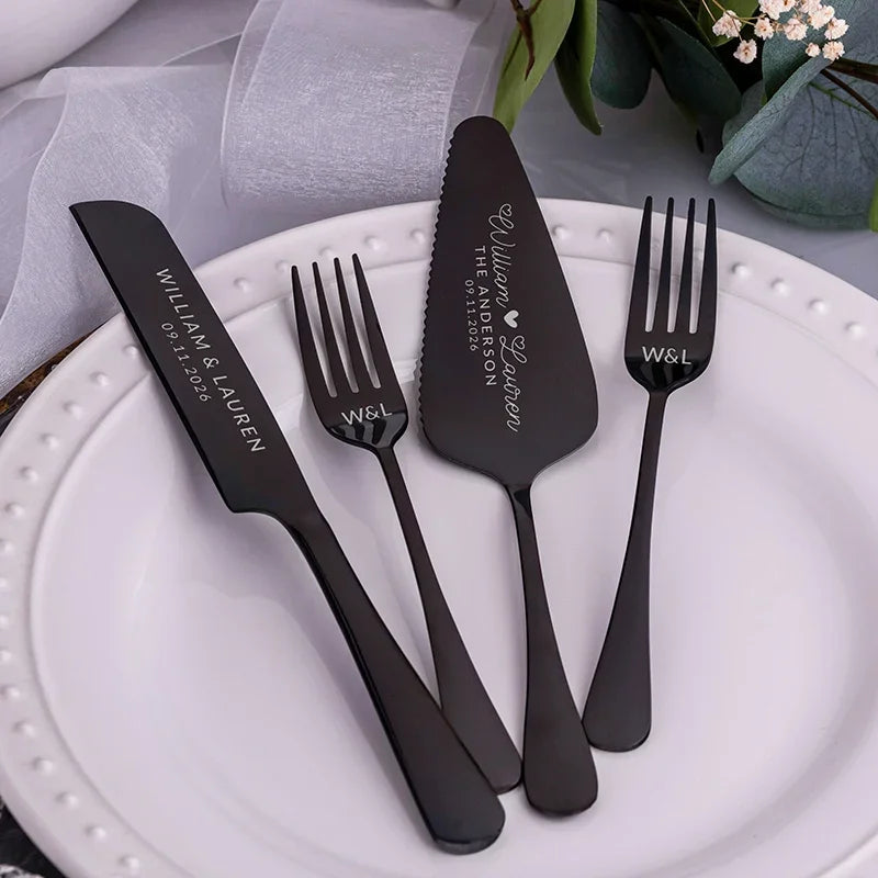 Personalized Engraved Wedding Cake Set Knife, Fork & Server