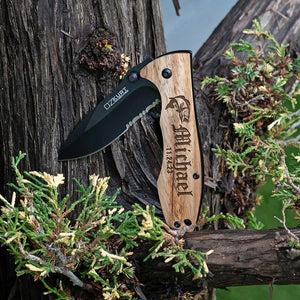 Personalized Spring Assisted Pocket knife - Oak Wood - GiftShire