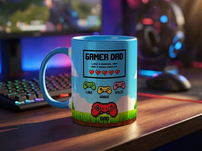 Gamer Dad Personalized Pixel Art Coffee Mug with Kids' Names