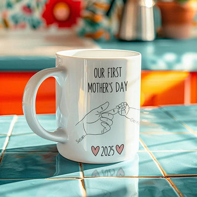 1st Mother's Day Custom Mug - Mom Baby Hand Illustration