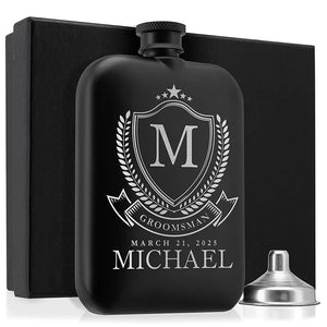 Custom Engraved Round Black Groomsman Flask - GiftShire