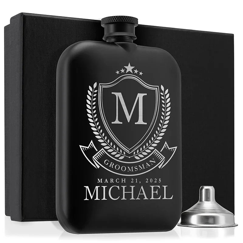Custom Engraved Round Black Groomsman Flask - GiftShire