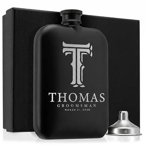 Custom Engraved Round Black Groomsman Flask - GiftShire