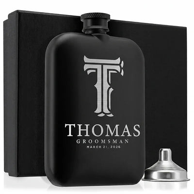 Custom Engraved Round Black Groomsman Flask - GiftShire