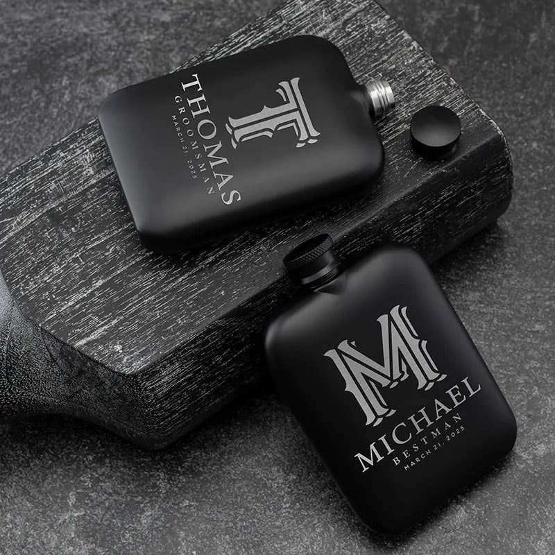 Custom Engraved Round Black Groomsman Flask - GiftShire