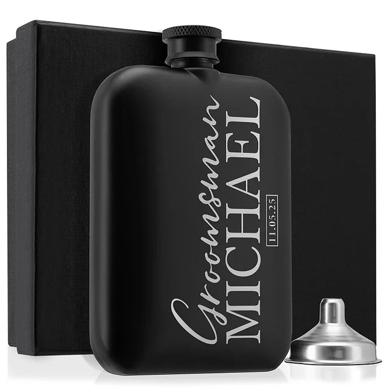 Custom Engraved Round Black Groomsman Flask - GiftShire
