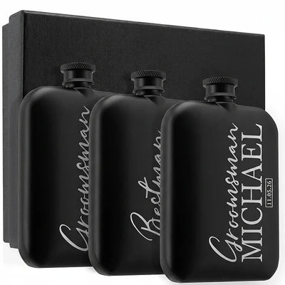 Custom Engraved Round Black Groomsman Flask - GiftShire