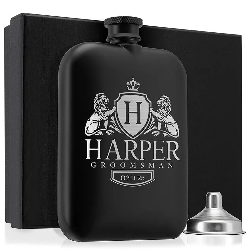 Custom Engraved Round Black Groomsman Flask - GiftShire