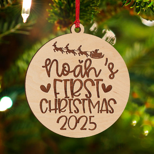 Round Wooden Engraved Baby Xmas Ornament