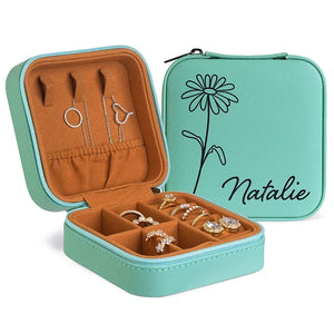 Birth Flower engraved Jewelry Travel Case with Her Name - GiftShire