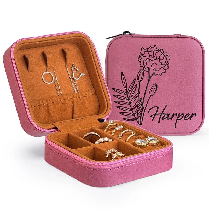 Birth Flower engraved Jewelry Travel Case with Her Name - GiftShire