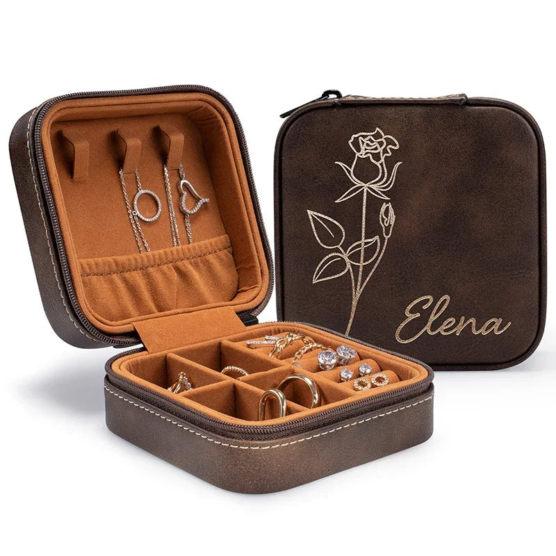 Birth Flower engraved Jewelry Travel Case with Her Name - GiftShire