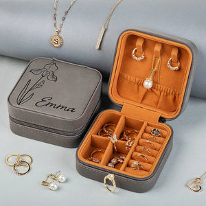 Birth Flower engraved Jewelry Travel Case with Her Name - GiftShire