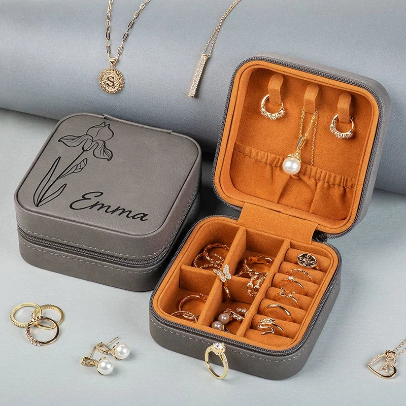 Birth Flower engraved Jewelry Travel Case with Her Name - GiftShire