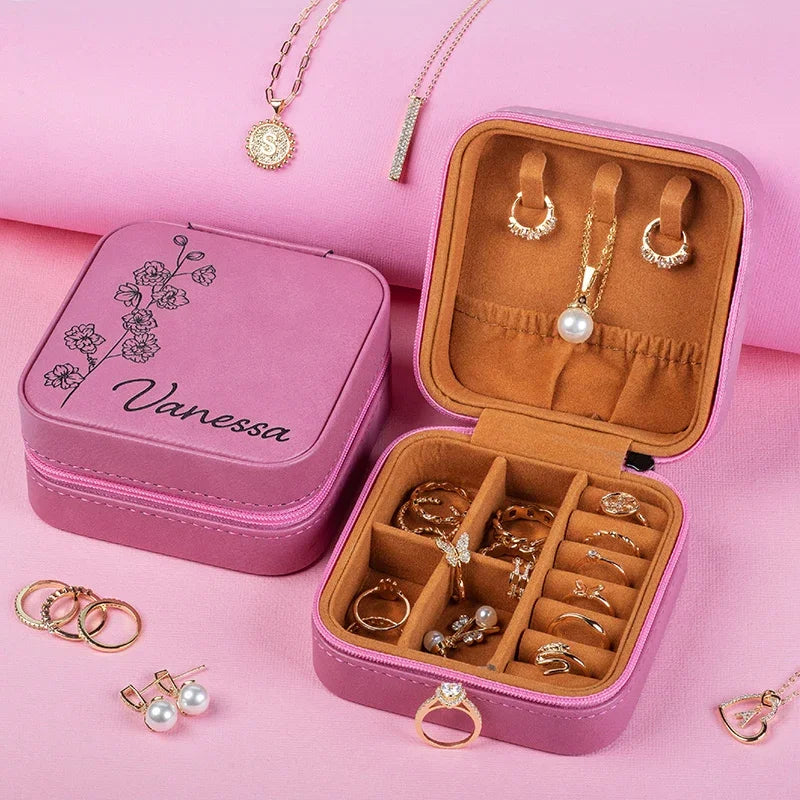 Birth Flower engraved Jewelry Travel Case with Her Name - GiftShire