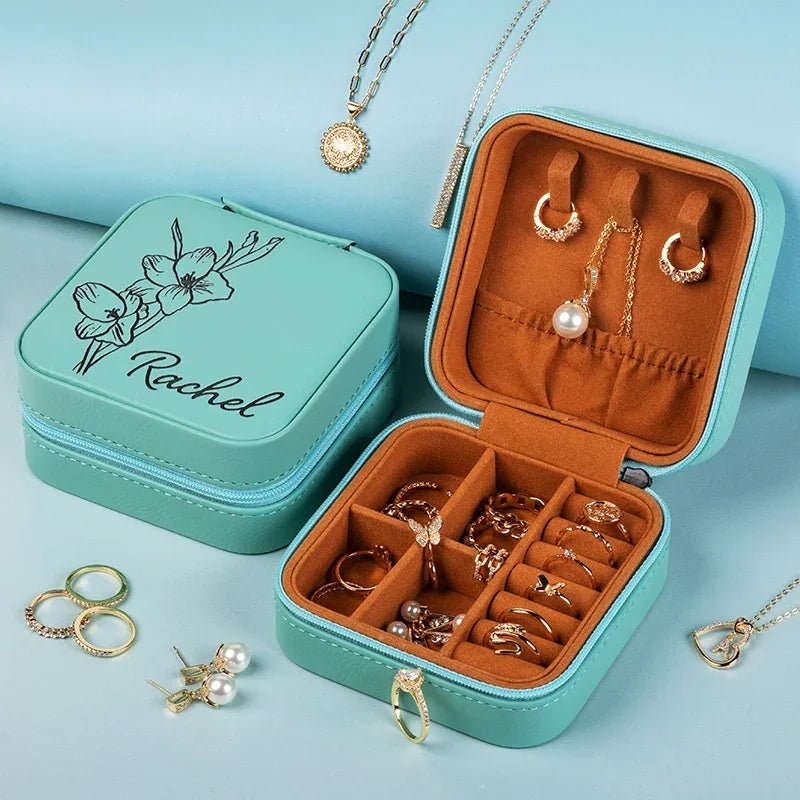 Birth Flower engraved Jewelry Travel Case with Her Name - GiftShire