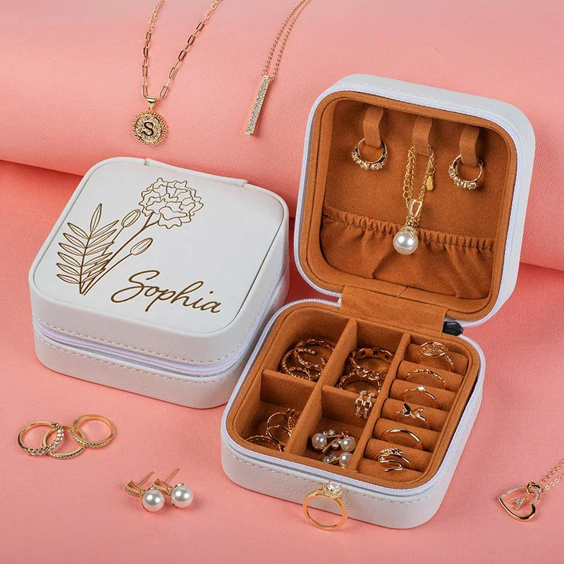 Birth Flower engraved Jewelry Travel Case with Her Name - GiftShire
