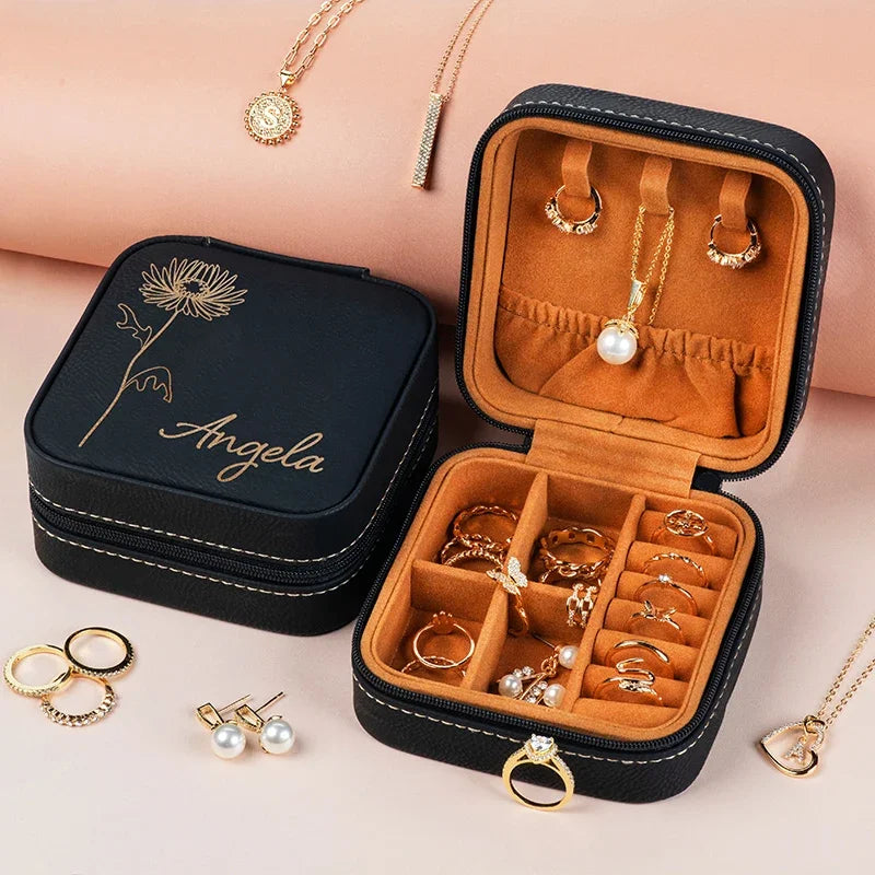 Birth Flower engraved Jewelry Travel Case with Her Name - GiftShire