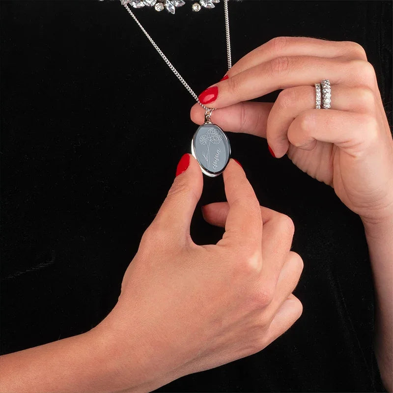 3D Crystal Oval Necklace, Birth Flower & Name Engraved