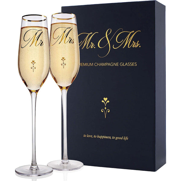 Bride and Groom Champagne Glasses (8 oz), Gold Print Mr and Mrs Glasses for Wedding Glasses and Toasting Flutes, Bridal Shower Gifts, Engagement Gift, Comes with Gift Box and Note Card | B08B6WWNQZ - GiftShire