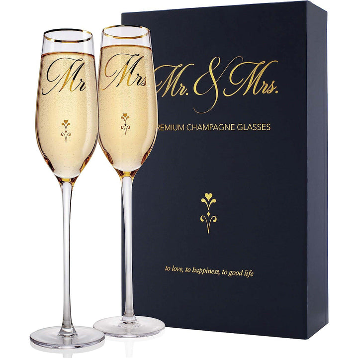 Bride and Groom Champagne Glasses, Mr and Mrs Glasses, Toasting Flutes - GiftShire