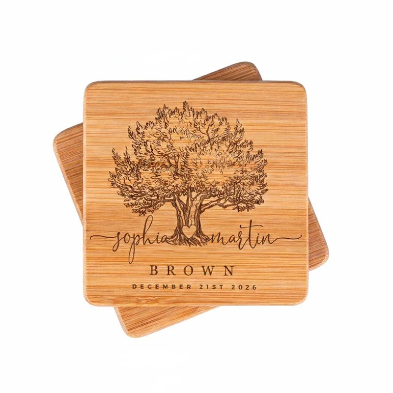Engraved Wooden Coasters, Unique Wedding Gift for Newlyweds