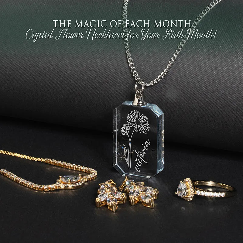 3D Crystal Rectangular Necklace, Birth Flower & Name