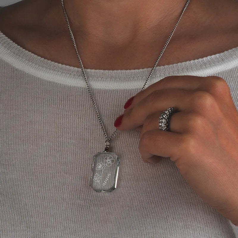 3D Crystal Rectangular Necklace, Birth Flower & Name