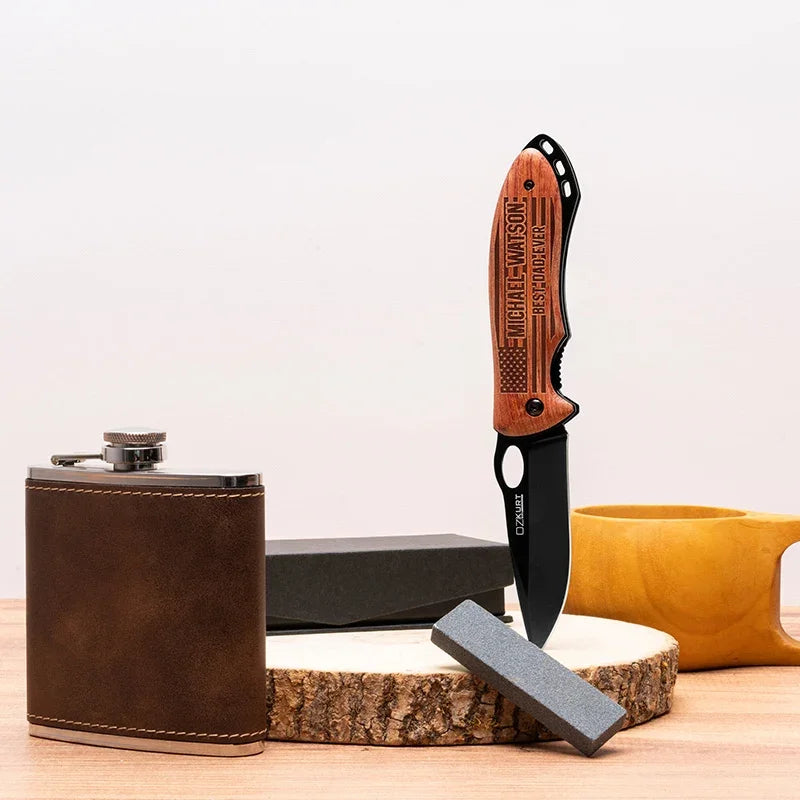 Custom Engraved American Flag Pocket Knife - Stainless Steel - GiftShire