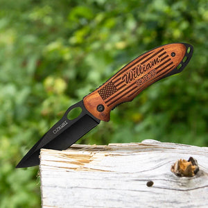 Custom Engraved American Flag Pocket Knife - Stainless Steel - GiftShire