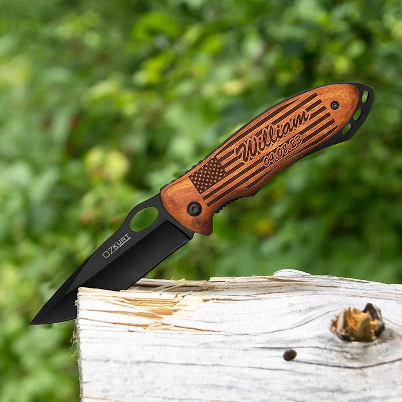 Custom Engraved American Flag Pocket Knife - Stainless Steel - GiftShire