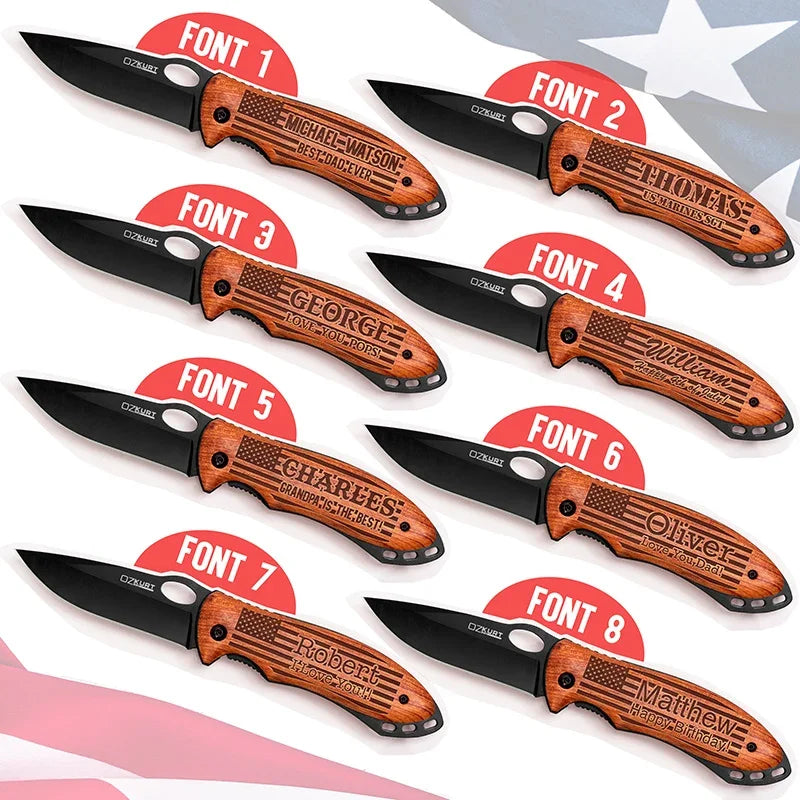 Custom Engraved American Flag Pocket Knife - Stainless Steel - GiftShire