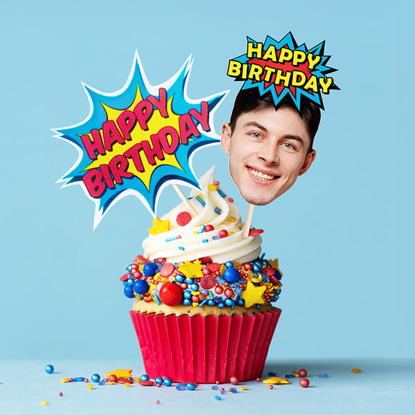 Custom Face on Stick Cupcake Topper with Party Hats