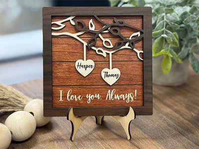 Custom Hanging Name Hearts on Family Tree Branch Wooden Sign