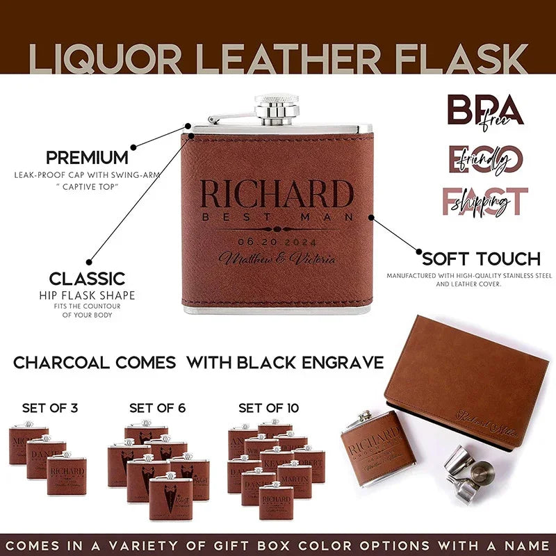 Custom Leather Groomsman Flask, Gift for Wedding - GiftShire