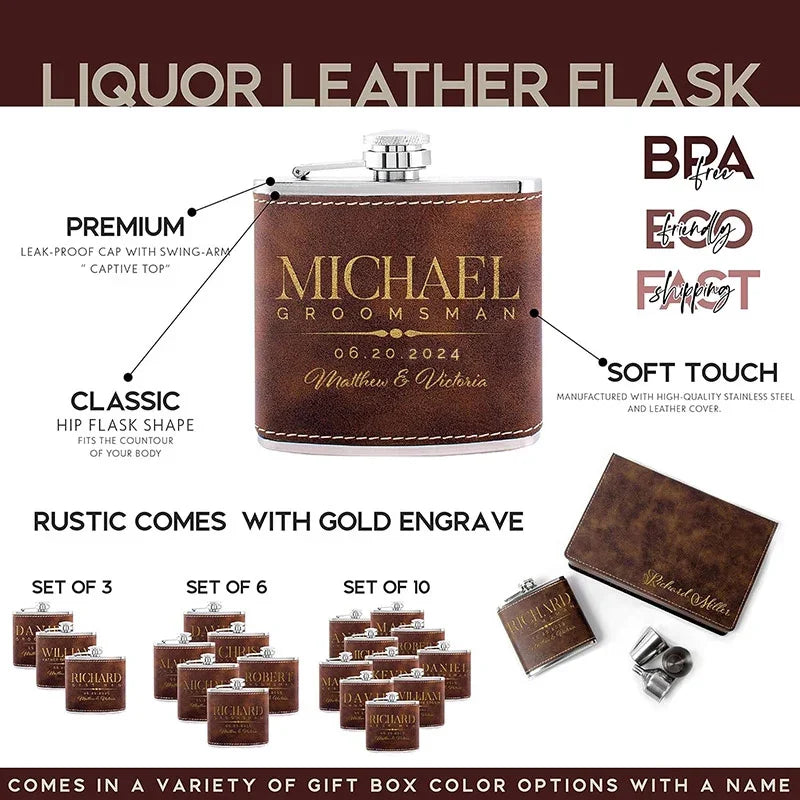 Custom Leather Groomsman Flask, Gift for Wedding - GiftShire